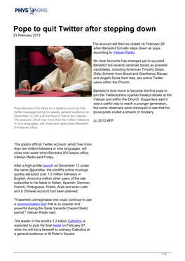 Pope to Quit Twitter After Stepping Down 23 February 2013