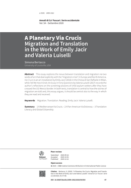 A Planetary Via Crucis Migration and Translation in the Work of Emily Jacir and Valeria Luiselli Simona Bertacco University of Louisville, USA