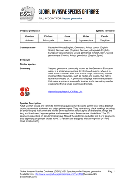 (GISD) 2021. Species Profile Vespula Germanica. Available F