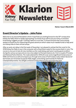 John Paine Welcome to My Second Newsletter Which I Hope Finds You Looking Forward to the 30Th Consecutive Kidney Kar Rally Which Is Rapidly Approaching