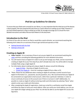 Ipad Set-Up Guidelines for Libraries Introduction to the Ipad Creating an Apple ID