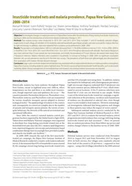 Insecticide-Treated Nets and Malaria Prevalence, Papua New Guinea, 2008–2014