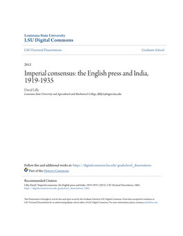 The English Press and India, 1919-1935 David Lilly Louisiana State University and Agricultural and Mechanical College, Dlilly1@Tigers.Lsu.Edu
