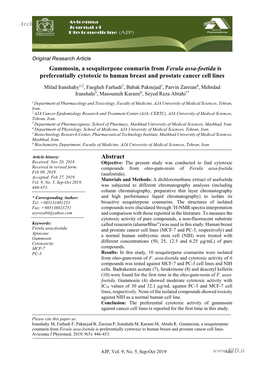 Gummosin, a Sesquiterpene Coumarin from Ferula Assa-Foetida Is Preferentially Cytotoxic to Human Breast and Prostate Cancer Cell Lines