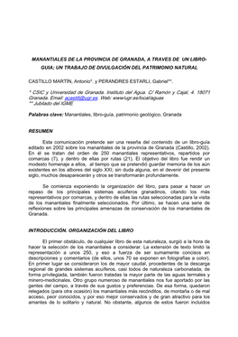 Manantiales De La Provincia De Granada, a Traves De Un Libro- Guia; Un Trabajo De Divulgación Del Patrimonio Natural