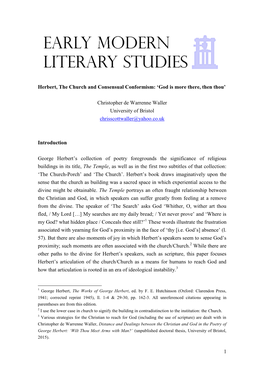 1 Herbert, the Church and Consensual Conformism: 'God Is More There, Then Thou' Christopher De Warrenne Waller University Of