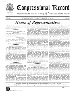 Congressional Record United States Th of America PROCEEDINGS and DEBATES of the 113 CONGRESS, SECOND SESSION