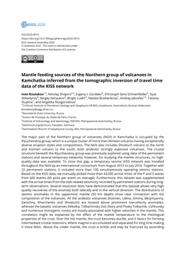 Mantle Feeding Sources of the Northern Group of Volcanoes in Kamchatka Inferred from the Tomographic Inversion of Travel Time Data of the KISS Network