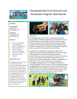 Chesapeake Bay Trust Outreach and Restoration Program 2020 Awards
