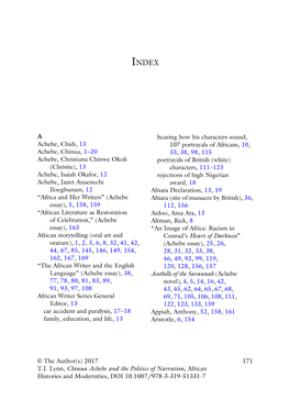 Chinua Achebe and the Politics of Narration, African Histories and Modernities, DOI 10.1007/978-3-319-51331-7 172 INDEX