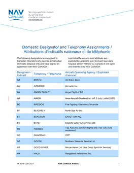 Domestic Designator and Telephony Assignments / Attributions D’Indicatifs Nationaux Et De Téléphonie