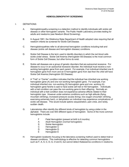 Oklahoma State Department of Health 01-2018 Revised Hemoglobinopathy