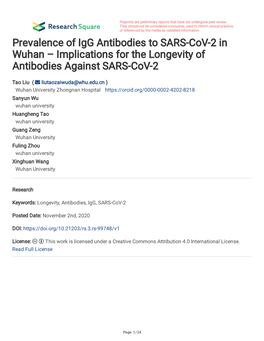 Prevalence of Igg Antibodies to SARS-Cov-2 in Wuhan – Implications for the Longevity of Antibodies Against SARS-Cov-2