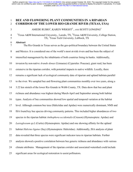 Bee and Flowering Plant Communities in a Riparian Corridor of the Lower