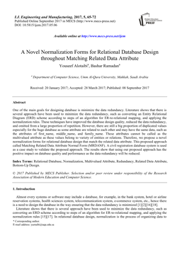 A Novel Normalization Forms for Relational Database Design Throughout Matching Related Data Attribute Youseef Alotaibia, Bashar Ramadana