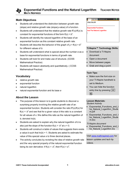 Exponential Functions and the Natural Logarithm TEACHER NOTES MATH NSPIRED