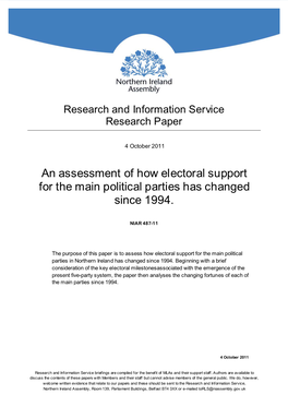An Assessment of How Electoral Support for the Main Political Parties Has Changed Since 1994