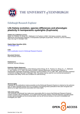 Life History Evolution, Species Differences and Phenotypic Plasticity in Hemiparasitic Eyebrights (Euphrasia)