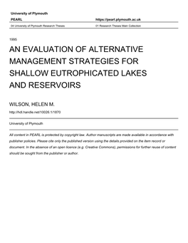 An Evaluation of Alternative Management Strategies for Shallow Eutrophicated Lakes and Reservoirs