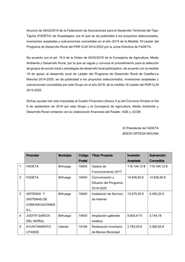 Anuncio De 26/02/2019 De La Federación De Asociaciones Para El Desarrollo Territorial Del Tajo- Tajuña (FADETA) De Guadalajara