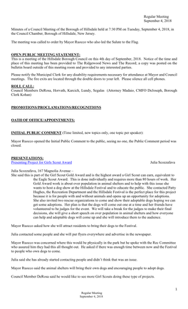 Regular Meeting September 4, 2018 Minutes of a Council Meeting of the Borough of Hillsdale Held at 7:30 PM on Tuesday, September