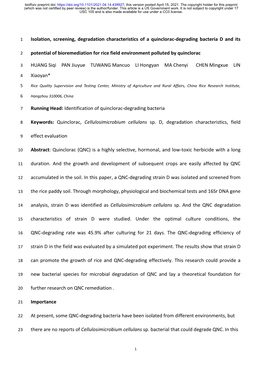 Isolation, Screening, Degradation Characteristics of a Quinclorac-Degrading Bacteria D and Its Potential of Bioremediation for R