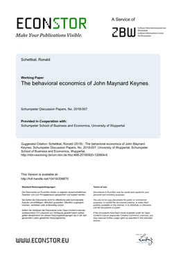 The Behavioral Economics of John Maynard Keynes