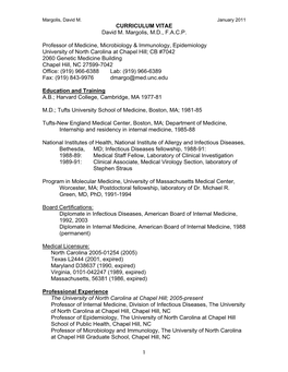 CURRICULUM VITAE David M. Margolis, M.D., F.A.C.P. Professor of Medicine, Microbiology & Immunology, Epidemiology University