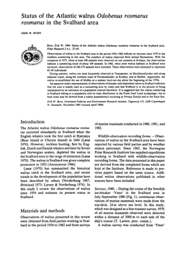 Status of the Atlantic Walrus Odobenus Rosmarus Rosmarus in the Svalbard Area