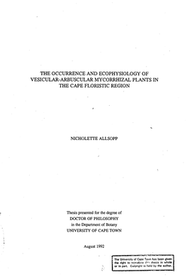 The Occurrence and Ecophysiology of Vesicular-Arbuscular Mycorrhizal Plants in the Cape Floritic Region