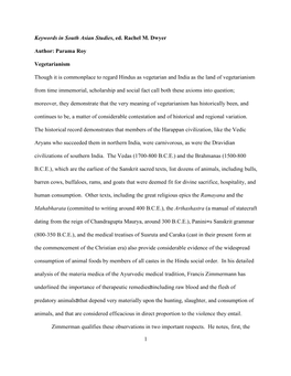 1 Keywords in South Asian Studies, Ed. Rachel M. Dwyer Author: Parama Roy Vegetarianism Though It Is Commonplace to Regard Hindu