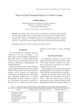 Notes on Eight Threatened Species of Lichens in Japan