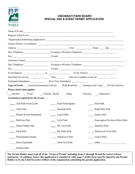 Cincinnati Park Board Special Use and Event Permit Application
