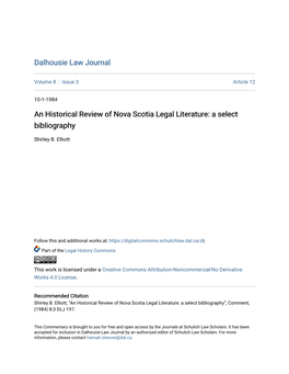 An Historical Review of Nova Scotia Legal Literature: a Select Bibliography