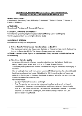 GEDDINGTON, NEWTON and LITTLE OAKLEY PARISH COUNCIL MINUTES of the MEETING HELD on 11Th MARCH 2019