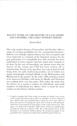 Recent Work on the History of Lancashire and Cheshire: the Early Modern Period