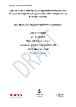 National Audit of Meningitis Management (NAMM) Based on the 2016 Joint Specialist UK Guidelines on the Management of Meningitis in Adults