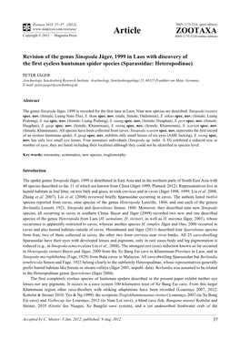 Revision of the Genus Sinopoda Jäger, 1999 in Laos with Discovery of the First Eyeless Huntsman Spider Species (Sparassidae: Heteropodinae)