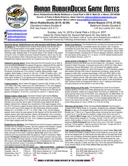 AKRON RUBBERDUCKS GAME NOTES Akron Rubberducks Media Relations ● Canal Park ● 300 S