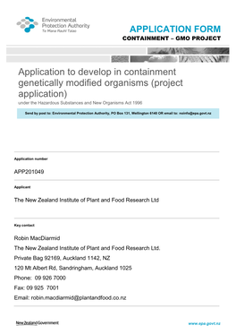 Application to Develop in Containment Genetically Modified Organisms (Project Application) Under the Hazardous Substances and New Organisms Act 1996