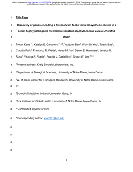 Title Page Discovery of Genes Encoding a Streptolysin S-Like Toxin