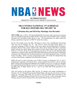 Nba Unveils National Tv Schedule for Kia Motors Nba Tip-Off ’10