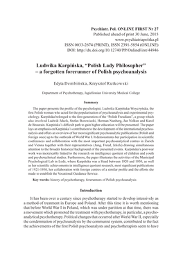 Ludwika Karpińska, “Polish Lady Philosopher” – a Forgotten Forerunner of Polish Psychoanalysis