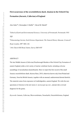 First Occurrence of the Orectolobiform Shark Akaimia in the Oxford Clay 2 3 Formation (Jurassic, Callovian) of England 4 5 6 7 8 9 Alex Srdic*A, Christopher J