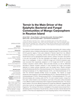 Terroir Is the Main Driver of the Epiphytic Bacterial and Fungal Communities of Mango Carposphere in Reunion Island