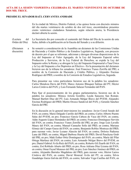 Acta De La Sesión Vespertina Celebrada El Martes Veintinueve De Octubre De Dos Mil Trece