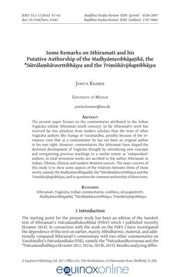 Some Remarks on Sthiramati and His Putative Authorship of the Madhyāntavibhāgaṭīkā, the *Sūtrālaṃkāravṛttibhāṣya and the Triṃśikāvijñaptibhāṣya