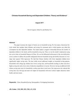 1 Chinese Household Saving and Dependent Children: Theory and Evidence+