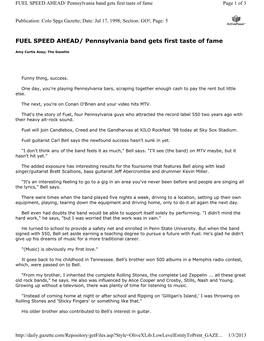 FUEL SPEED AHEAD/ Pennsylvania Band Gets First Taste of Fame Page 1 of 3