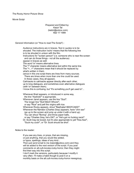 The Rocky Horror Picture Show Movie Script Prepared And